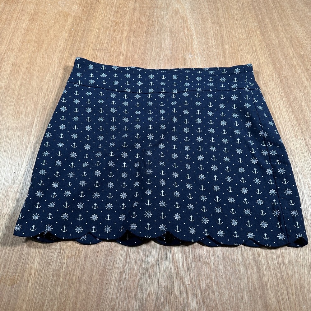 ATTYRE Skort Women 8 Black/Navy Nautical Anchor Scalloped Hem Mini Skirt Shorts